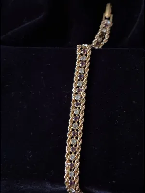 Vintage Mid-Century Gold Tone Purple & Clear Rhinestone Tennis Bracelet 7" thumbnail 2