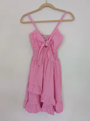 Hot Pink Barbie Bubble Gum Pink Tie Front Ruffle Cotton Dress Size M/L NWT thumbnail 3
