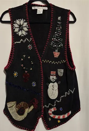 Victoria Jones Medium Beaded Black Holiday Vest with Red Trim Snowman Snowflakes thumbnail 1