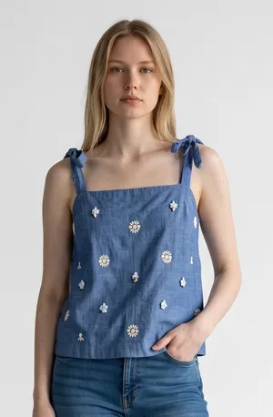 J.Crew Women's Chambray Embellished Shoulder Tie Top size 6 #G7638 thumbnail 1