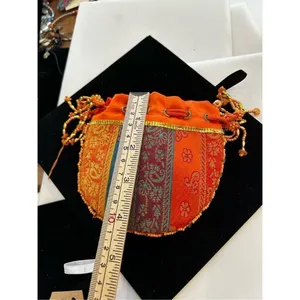Orange beaded Indian drawstring jewelry/cosmetic pouch - beaded one side - desig thumbnail 10