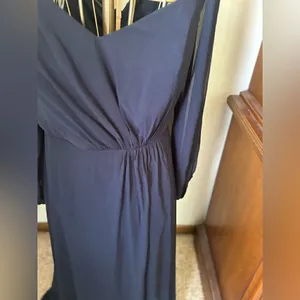 Dessy Collection Vivian Diamond Navy Maxi Dress Off Shoulder Puff Sleeve 14 thumbnail 14