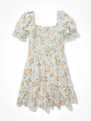 American Eagle Floral Smocked Mini Dress Blue Linen Blend Boho Cottagecore M thumbnail 6