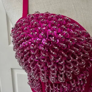 Hot Pink Sequin Beaded Bustier Crop Top Medium 38C Pink thumbnail 2