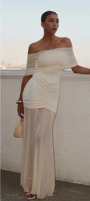 Meshki Cream Strapless Dress with Mesh Overlay thumbnail 1
