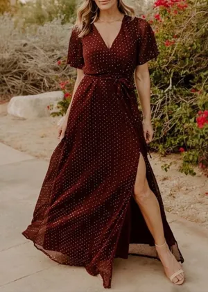 Baltic Born Grace Sparkle Sequin Maxi Dress Mulberry Faux Wrap Slit Size Medium thumbnail 1
