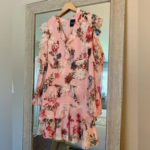NICHOLAS Pink Floral Long Sleeve Ruffle Cold Shoulder 100% Silk Dress Size 2 XS thumbnail 2