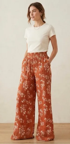 THREE DOTS TO Rust Floral Wide Leg Palazzo Pants - Size M thumbnail 1