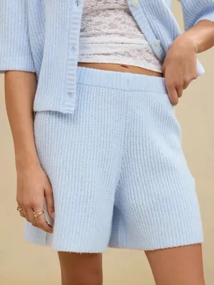 Aerie UnReal Knit Sweater Shorts in Eyelet Blue thumbnail 1