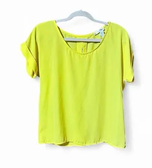 AGACI Neon Yellow Blouse with Rolled Short Sleeves and a Split Open Back Sz M thumbnail 1