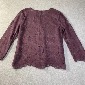 LOFT Lace Top Women Medium Plum Purple Medallion Crochet 3/4 Sleeve Boho EUC‎ thumbnail 2