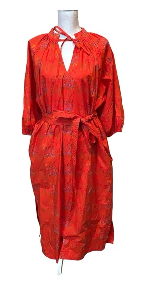 Brittany Fuson Orange Floral Maxi Dress‎ Size Small Cotton Tie Waist Pockets thumbnail 1