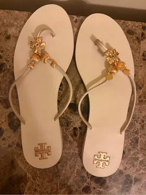 Tory Burch White Capri Thong Sandals with Gold Logo Accents thumbnail 1