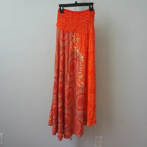 Boho Cotton Beachy Relaxed Shabby Lagenlook Smocked Maxi Skirt OS Orange thumbnail 4