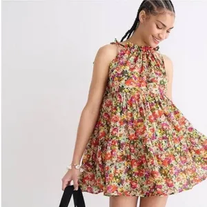 J.Crew Tie-Shoulder Tiered Mini‎ Dress Floral Womens Yellow Medium $98 thumbnail 3