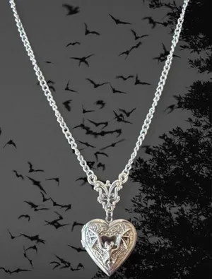 Gothic Vampire Bat Heart Locket Necklace 🦇 Halloween Silver thumbnail 2