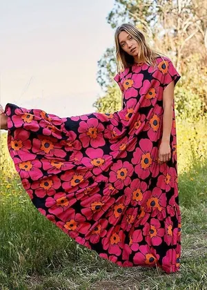 Free People • Blossom Maxi Dress black floral silk pink orange flowy Night Combo thumbnail 1
