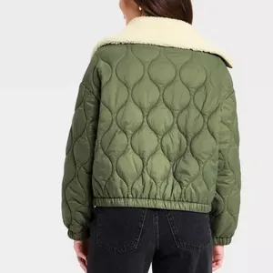 Universal Threads Olive Green Quilted Jacket Faux‎ Shearling Collar Small NWT thumbnail 6