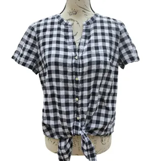 J.Crew Womens Black White‎ Gingham Tie Front Short Sleeve Button Up Shirt Small thumbnail 1