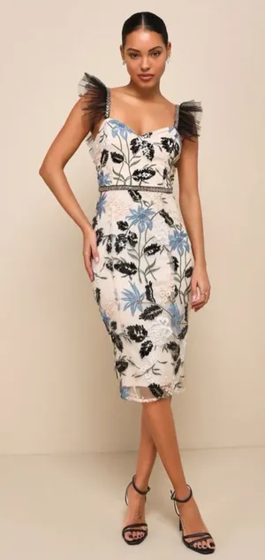 Lulus Show Stopper Cream Embroidered Sequin Bodycon Midi Dress in Size Small thumbnail 1