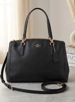 Authentic Coach Black Pebbled Leather Top-Handle Shoulder Bag with Gold Hardware thumbnail 1