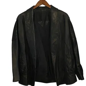 Vintage 80s 90s Black Leather Jacket shoulder pads Animal Print Detail thumbnail 4