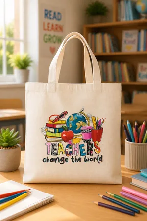 &merci “Teacher Change the World” Large Cream Color Canvas Tote Bag NWT thumbnail 2