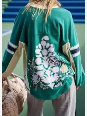 NWT FP Movement by Free People Green Navy Cream Rugby Embroidered Sweatshirt thumbnail 1