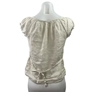 Brandy Melville Beige 100% Linen Short Sleeve Tie Back Henley Blouse Top Size M thumbnail 3