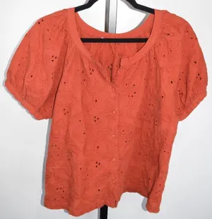 Rust Orange Eyelet Embroidered Puff Sleeve Button Front Blouse Boho Top 1X Size XL thumbnail 1
