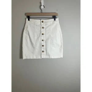 LOFT White Button Front Denim Mini Skirt Size 2 Cotton Stretch A-Line Casual thumbnail 4