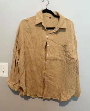 SHEIN Women Tan Cotton Gauze Button Down Shirt Long Sleeve Crinkle Top Small thumbnail 1