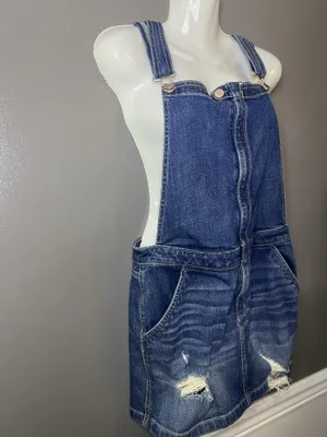 Hollister Denim Overall Dress Womens Medium Blue Skirtall Distressed Pockets thumbnail 3