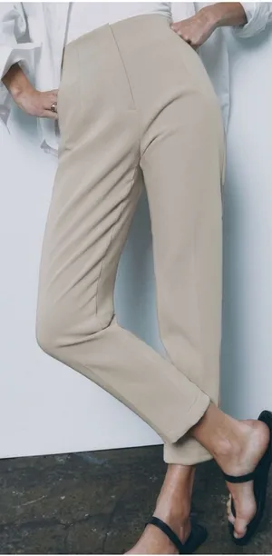 Zara Medium High Waisted Pleated Straight Leg Pants Cream Minimalist Cropped thumbnail 1