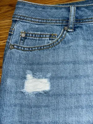 Cato est 1946 Denim Jean Skirt Raw Hem Patched Women's Size 12 Stretch Pockets thumbnail 4