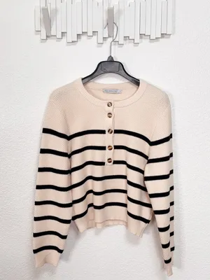 Miss Sparkling Cream Black Striped Knit Cardigan Sweater Coastal Preppy Fall thumbnail 2