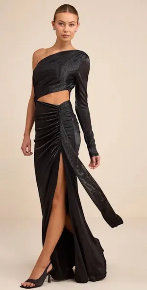 Lulu's One-Shoulder Black Cutout Ruched Slit Gown thumbnail 1