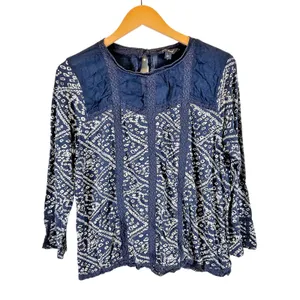 Lucky Brand | L | Navy Patterned Lace Accent Cotton Boho Peasant Shirt Top thumbnail 7
