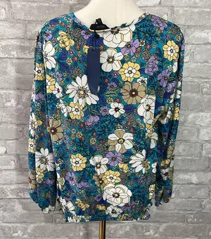 Eclair Floral Button Down Smocked Top Blue Size L thumbnail 5