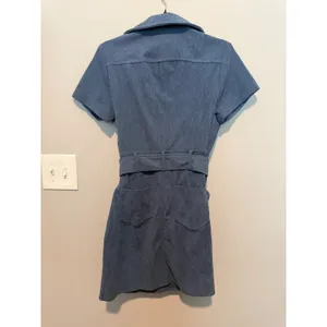 Womens Blue Corduroy Zip Front Mini Dress Short Sleeve Belted Utility Retro thumbnail 2