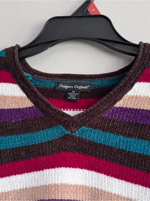 Designers Originals Striped V-Neck Sweater in Teal, Burgundy, Purple & Cream thumbnail 7