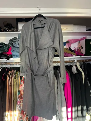 Hugo Boss gray belted waterfall v neck collared trench mid length dress M thumbnail 2