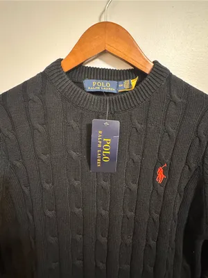 Polo Ralph Lauren Black Cable Knit Crewneck Sweater Red Pony NWT Small thumbnail 2