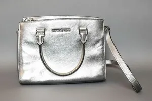 Michael Kors Selma Metallic Silver Leather Medium Satchel Crossbody Purse thumbnail 1