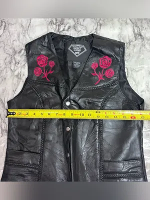 Diamond Plate 100% Buffalo Leather Vest Pink Rose Embroidery Biker small goth Black thumbnail 7