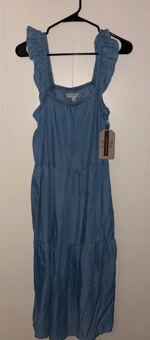 FRYE AND CO. Dusty Blue Elastic Neckline Top thumbnail 1