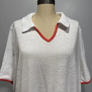 Denim & Co Beach Terry Cloth Knit Polo Contrast Trim Size 1X White A602904 Pool thumbnail 3