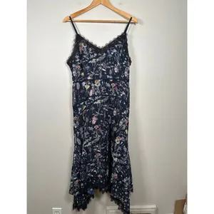 FOXIEDOX Carolina Floral‎ Midi Lace Trim Dress Blue Whimsy Asymmetrical Hem Sz 8 thumbnail 2