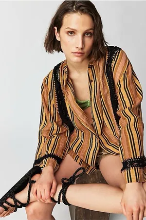 NWOT Free People Castaway Striped Crochet Long Sleeve Button Up Top Medium thumbnail 1