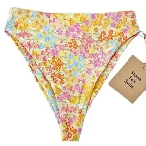 NWT Stone Fox Swim Sumatra Flower Fields High Waist Bikini Bottom XS Yellow Pink thumbnail 2